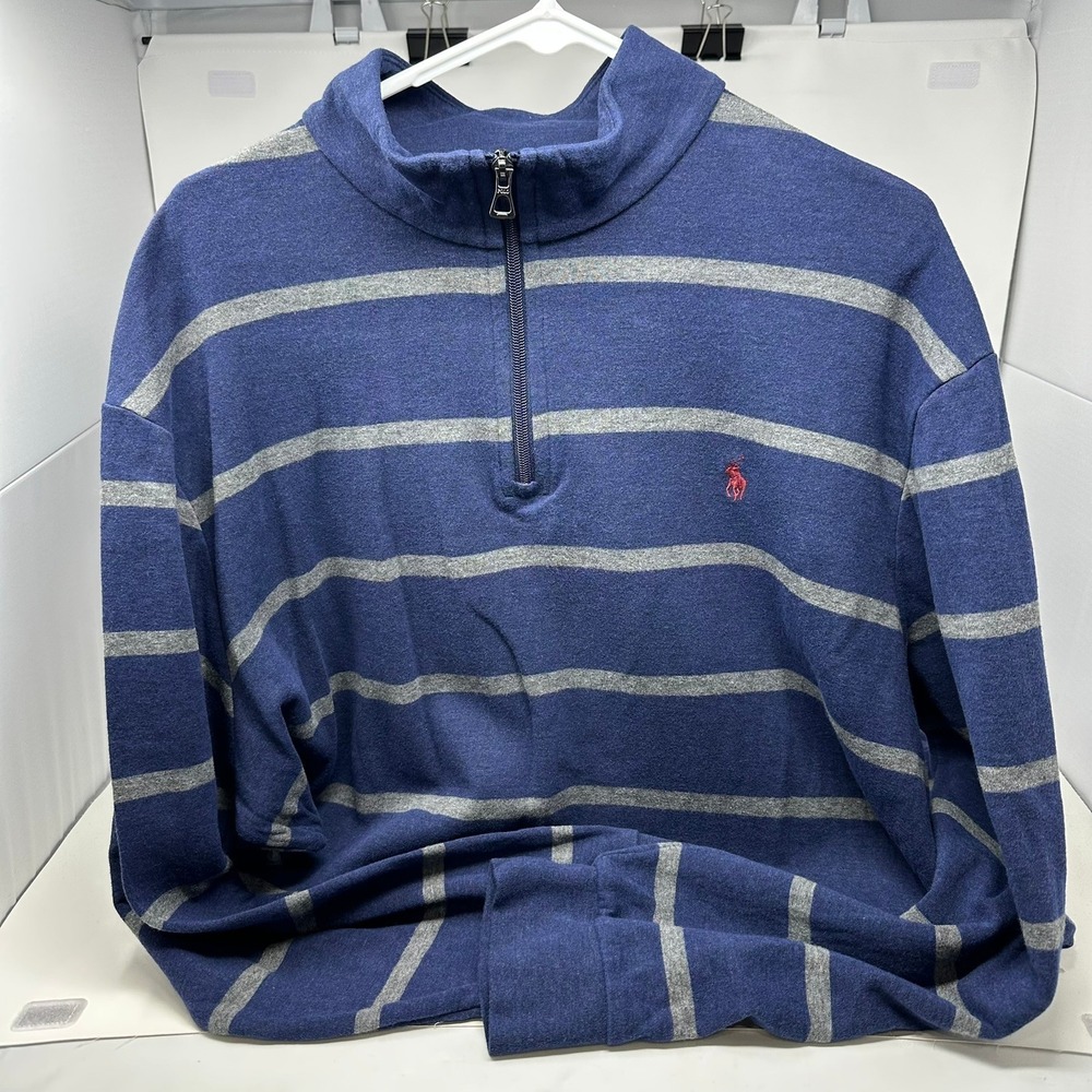 Polo Ralph Lauren Pullover Men XXL Blue Striped 1/4 Zip Cotton Modal Pony Logo